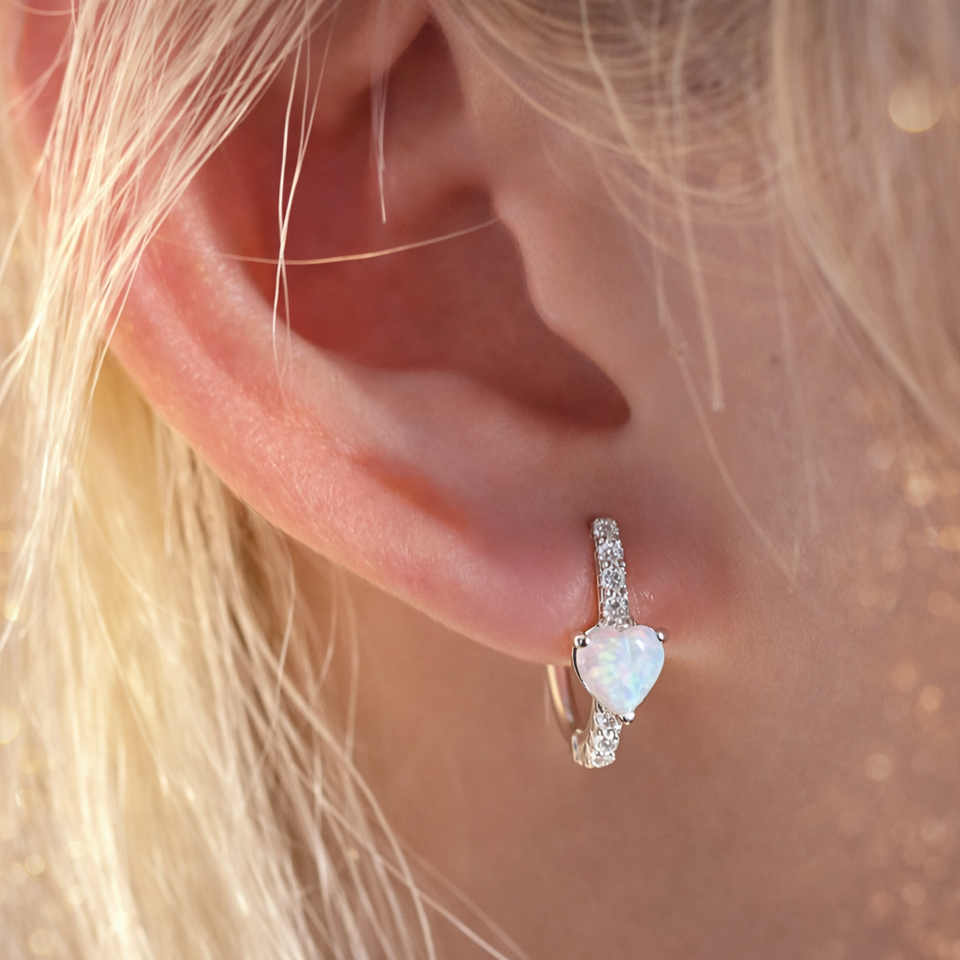 Sterling silver opal heart hoop earrings – Zirconia encrusted hoops – Elegant romantic jewellery