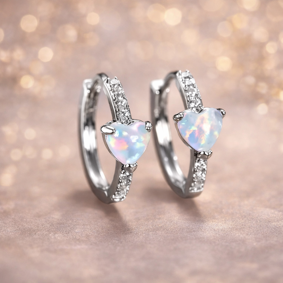 Sterling silver opal heart hoop earrings – Zirconia encrusted hoops – Elegant romantic jewellery
