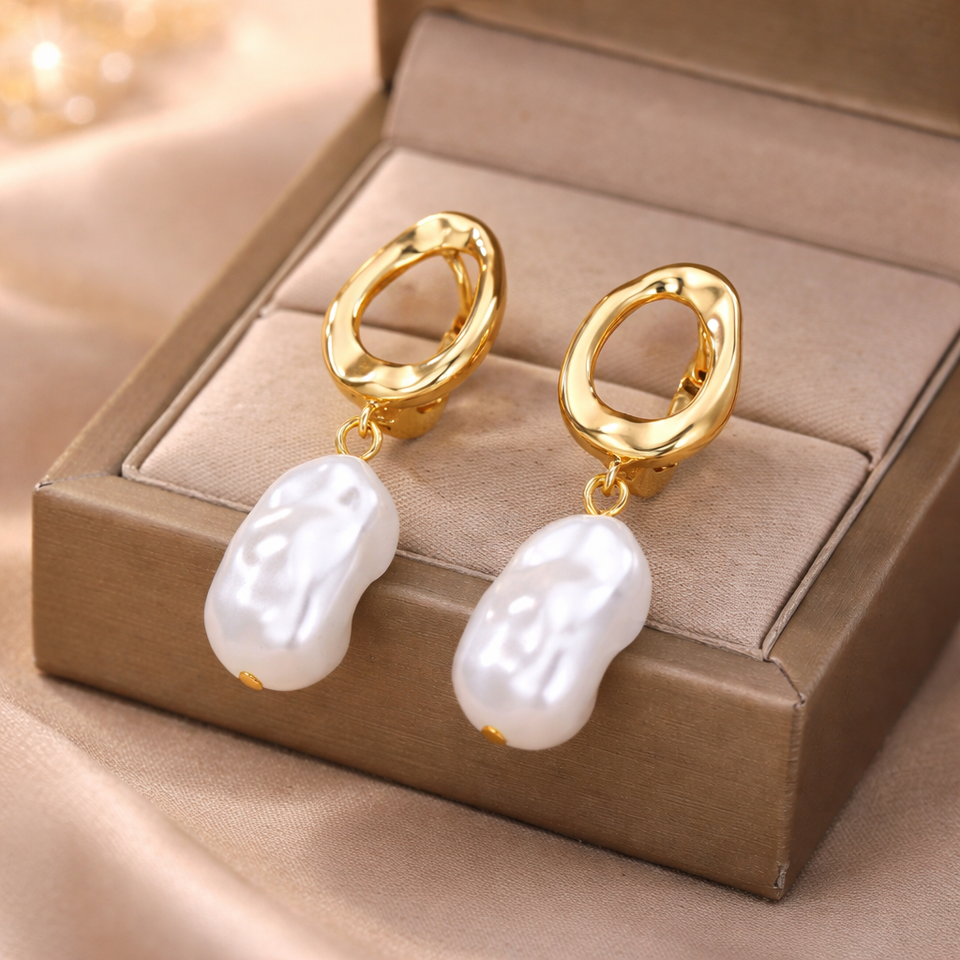 Golden Baroque Pearl Earrings – Elegant Drop Earrings – Chic and Trendy Jewelry