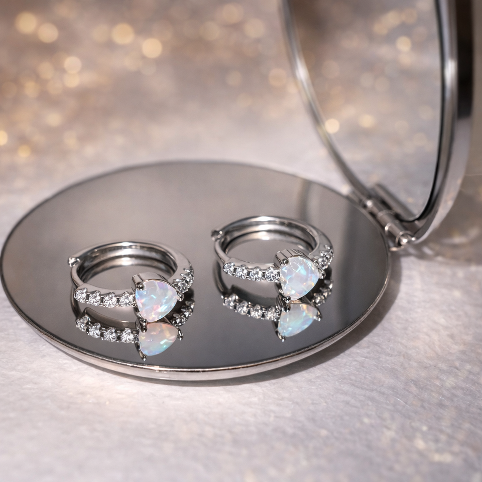 Sterling silver opal heart hoop earrings – Zirconia encrusted hoops – Elegant romantic jewellery