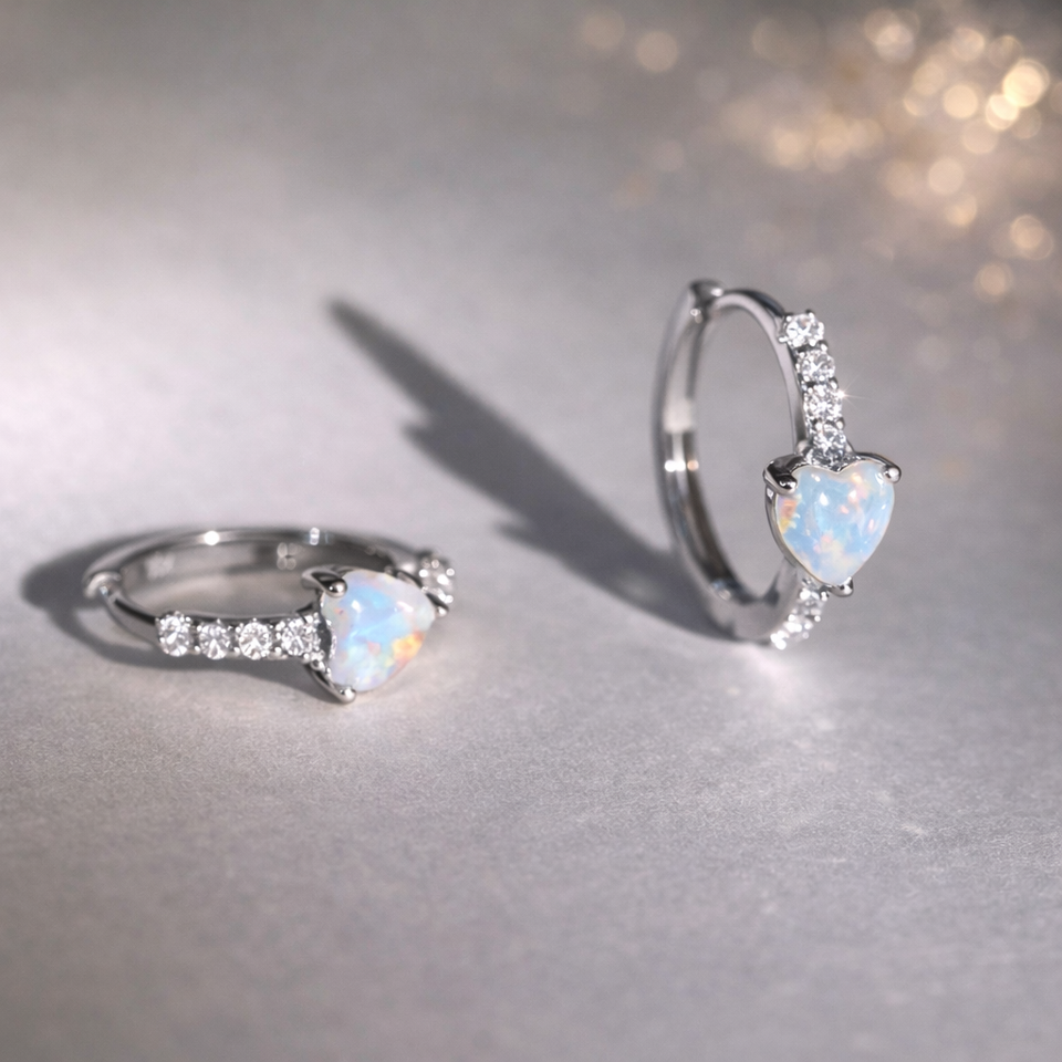 Sterling silver opal heart hoop earrings – Zirconia encrusted hoops – Elegant romantic jewellery